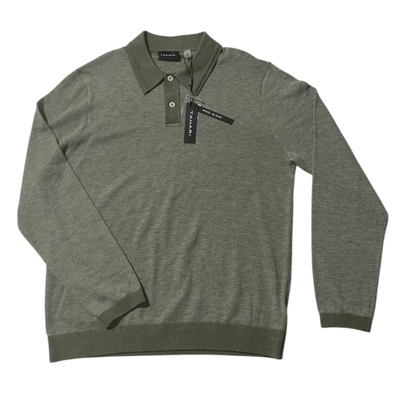 Tahari Men's Wool Blend Long Sleeve Knit Polo Shirt Sage Heather Medium Casual - Picture 10 of 10